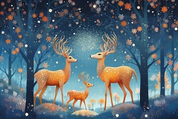 A serene scene of deer in a whimsical forest setting.
