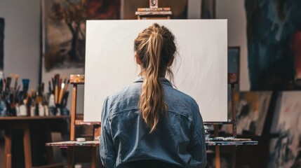 A woman sits in front of a blank canvas, ready to paint