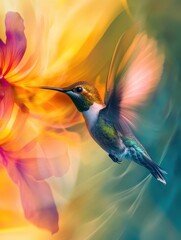 Naklejka premium A hummingbird is flying over a flower with a pink center