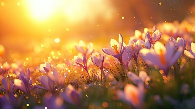A field of crocuses gently swaying in the spring breeze, captured under the warm, golden rays of the rising sun. The grass around them glistens with morning dew.
