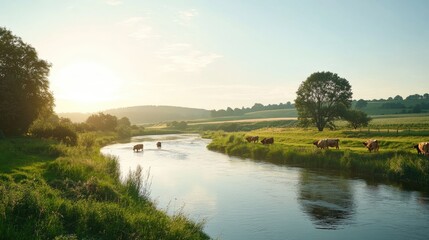 A peaceful river flowing through a rural landscape with cows grazing along the banks.