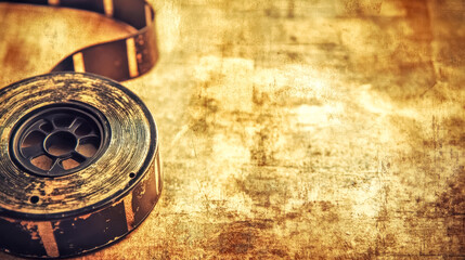 Fototapeta premium Old film reel on a rustic background with copy space