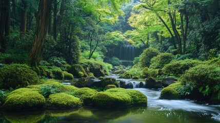 A lush valley scene of Mt. Mitakeaes Rock Garden, featuring vibrant green moss, smooth flowing water, and dense forest in the peaceful setting of Ome, Tokyo.