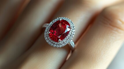 A luxurious ruby ring glistens on a woman's hand, showcasing the deep red hues of the gemstone and the delicate craftsmanship of the design.