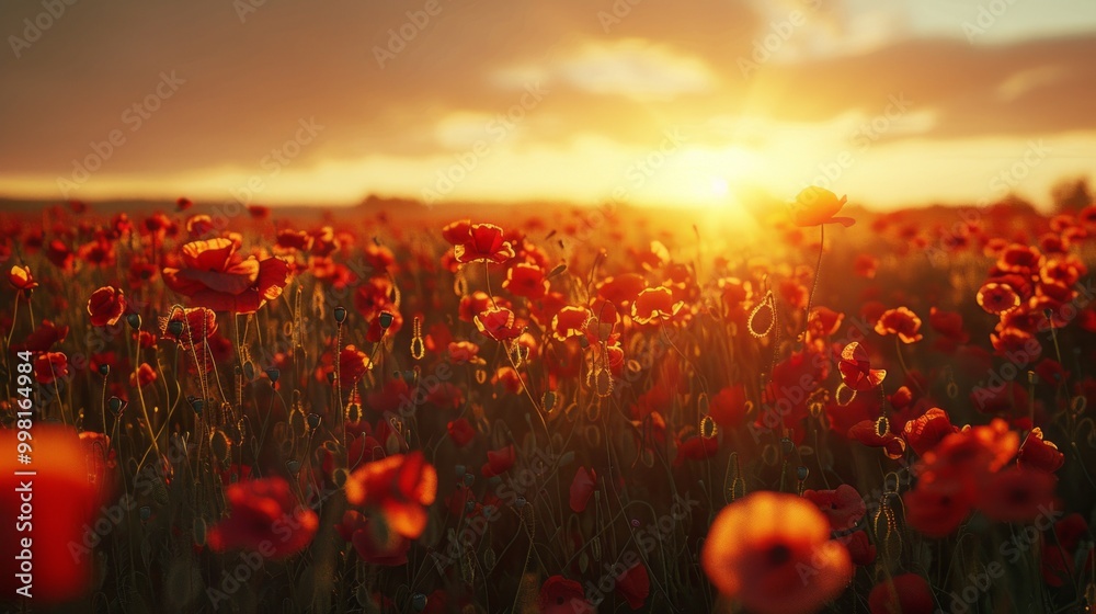 Poster a field of red poppies with the sun shining on them
