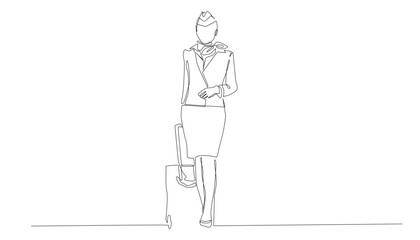 continuous line of flight attendant.one line drawing of flight attendant walking with travel bag.isolated white background
