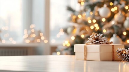 A beautiful gift box sits on a white table, with a blurred Christmas tree and sparkling lights in the background. There's plenty of space for adding text.