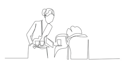 Fototapeta premium continuous line of flight attendants. one line drawing of a flight attendant serving airplane passengers.isolated white background