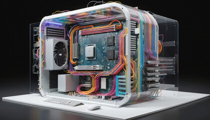 Illustrative representation of a transparent modern computer with all its parts, processes and components in a computing machine