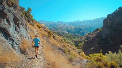 Fototapeta premium A person wearing a bright blue T-shirt while hiking up a mountain trail with a scenic view.