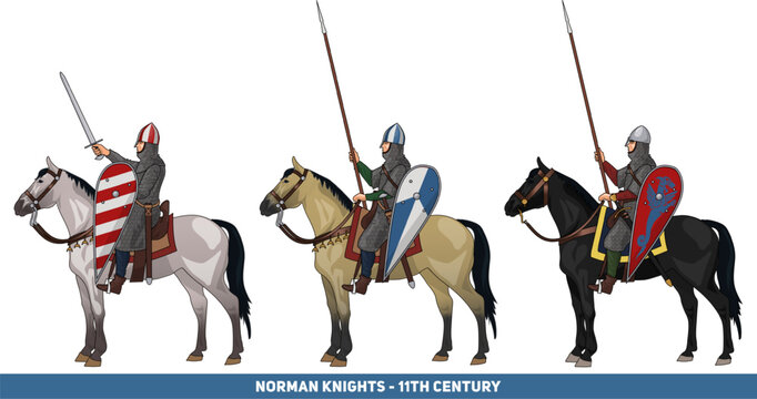 Set of Three Early Medieval Knights on Horseback in Armour and with Various Weapons, Illustration Isolated on Transparent Background, EPS 10 Vector