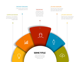 Vector multipurpose Infographic template with five color rounded elements on the bottom, description and icons on fan colored paper with white center. Simple infograph template