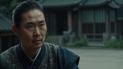 Obraz premium Middle-aged asian man with short black hair wearing traditional japanese robe in rural outdoor setting