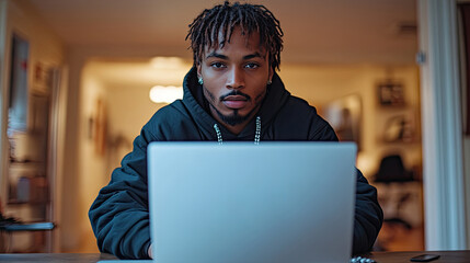 A young man with stylish dreadlocks intently working on his laptop at home, surrounded by a cozy, well-lit environment