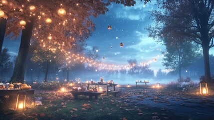 A spooky picnic at night family eating Halloween-themed treats