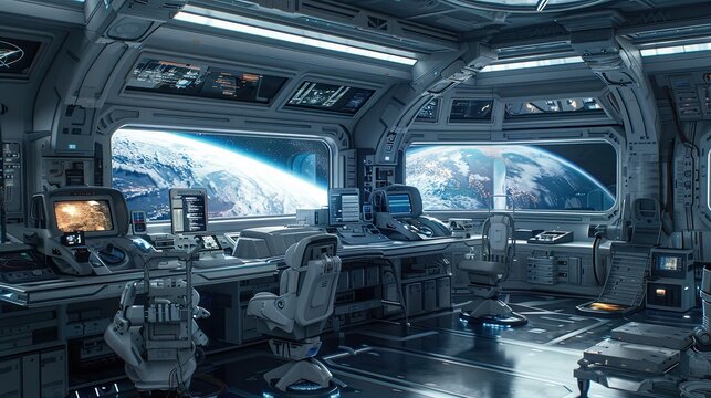 Space station interior, featuring advanced equipment, large windows overlooking the galaxy.