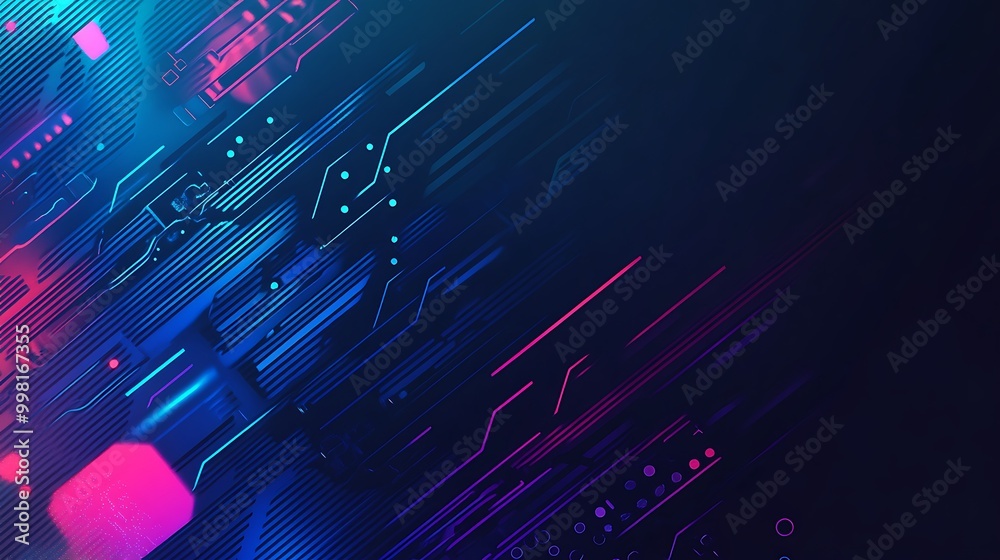 Aufkleber Abstract digital background with neon light streaks and circuits.