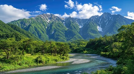 A scenic panorama of Kamikachiaes lush green valley with the Azusa River running through and the majestic Hotaka Mountains rising in the background.