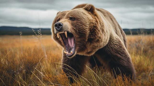 A dramatic encounter with a roaring grizzly bear in a wild grassland under cloudy sky