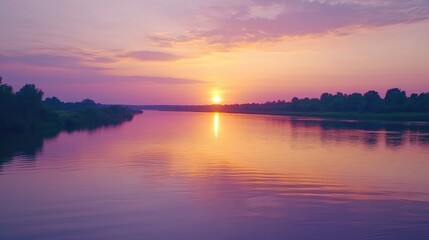 Obraz premium A serene river at sunset with orange and pink hues reflecting off the calm waters.