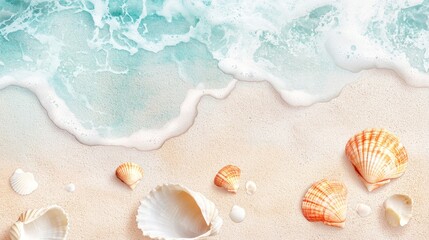 
Calming beach-inspired background featuring soft sand textures, gentle waves, and subtle seashell details
