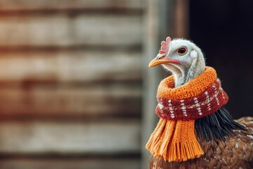 A stylish turkey adorned with a colorful scarf, showcasing a whimsical touch in a rustic setting.