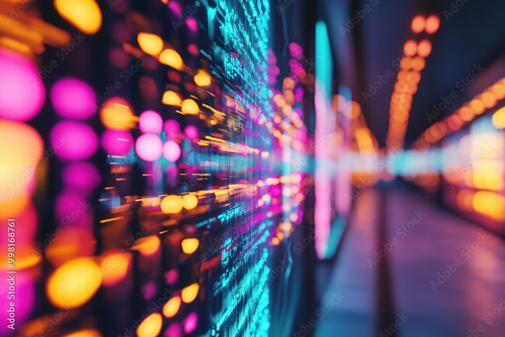 Poster abstract futuristic digital technology background with dynamic neon lights blurred motion waves and 