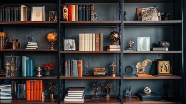 A shelf in a chils room with a collection of toys, books, and art supplies arranged neatly.