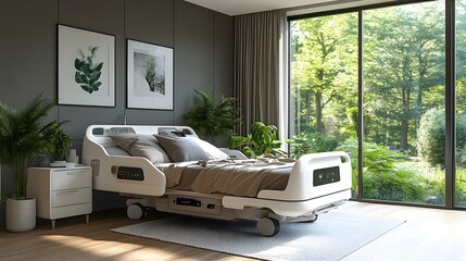 Hospital equipped with fully automated beds, patient monitoring devices, and smart systems, capturing integration of technology into patient care