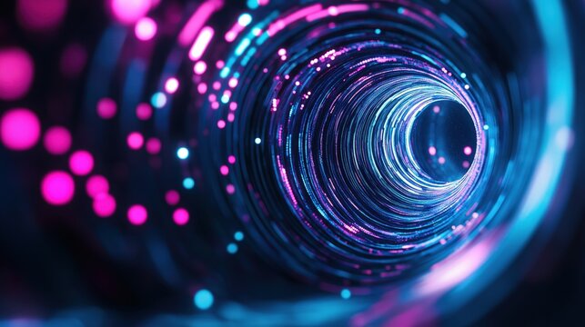 Captivating abstract image depicting a mesmerizing swirling vortex or tunnel filled with vibrant glowing neon lights and dynamic fluid energy  The kaleidoscopic