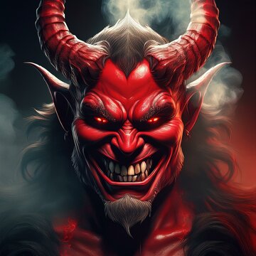 Demonio rojo con cuernos y colmillos