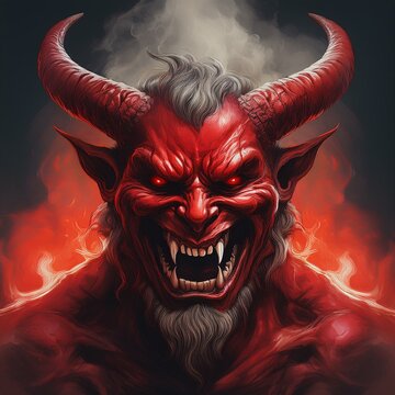 Demonio rojo con cuernos y colmillos