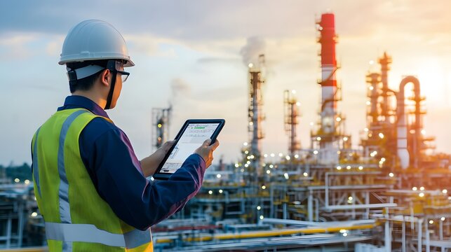 A man in a hardhat and safety vest uses a tablet in front of an industrial plant.