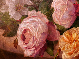 Bright bouquet of pink roses flowers. oil acril painting on canvas