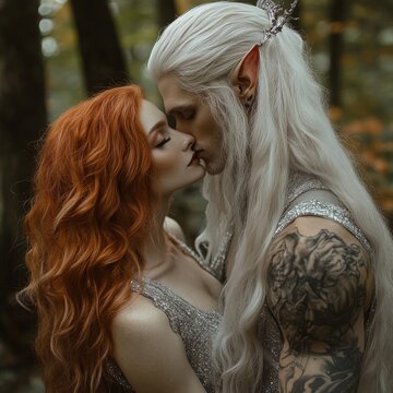 elves couple hugging kissing mythical heroes