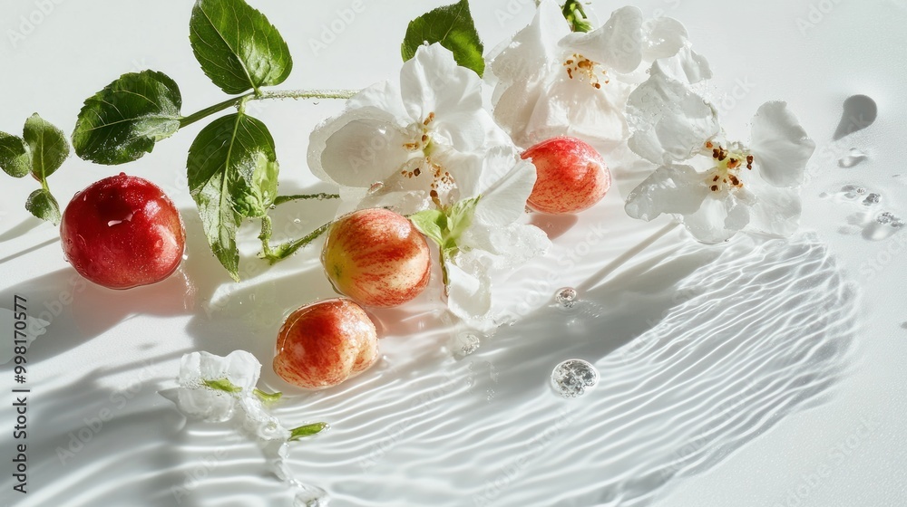 Wall mural White Flowers, Red Fruits, and Water Droplets on a White Surface