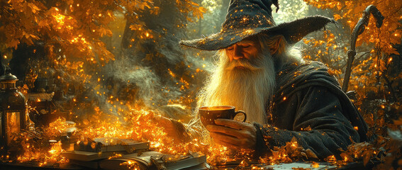 A wise old wizard stirs a shimmering potion in a cozy setting surrounded by glowing autumn leaves and ancient books during twilight