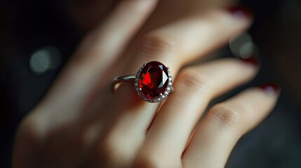 A stunning ruby ring shines on a woman's hand, its deep red gemstone and sleek design creating a perfect combination of beauty and elegance.