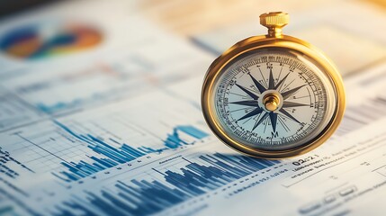 A compass placed on top of financial documents, including stock market reports and balance sheets, symbolizing the importance of navigating financial decisions wisely.