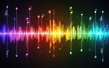 Vibrant soundwave graphic with musical notes and colors