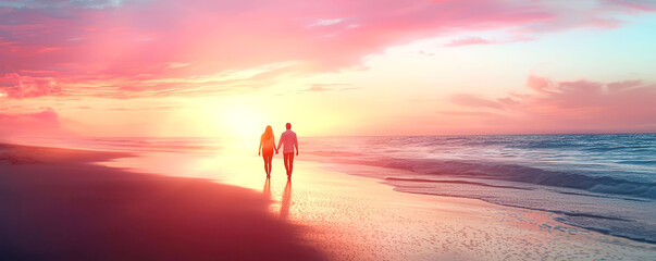 Fototapeta premium A couple walking hand-in-hand on a beach during a sunny Sunday sunset, Sunday love, romantic weekend