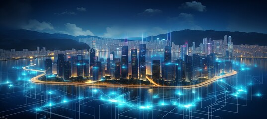 A vibrant city skyline illuminated at night with digital connection overlays in the harbor