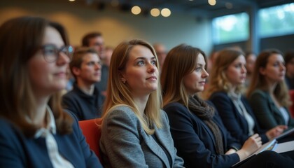 A group of attentive people, both men and women, seated and focused on a presentation at a conference event.