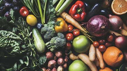 A variety of fresh produce, including fruits and vegetables,  arranged in a vibrant display.