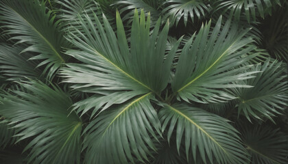 Close-up from above of green tropical palm leaves forming a closed canopy 