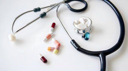 A stethoscope and various pills on a white surface.