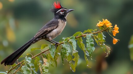Obraz premium Red Crested Bird Perched On Branch With Yellow Flowers