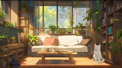 Cozy Living Room with White Cat Plants and Bookshelf