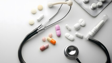 A stethoscope and assorted pills lay on a white surface.