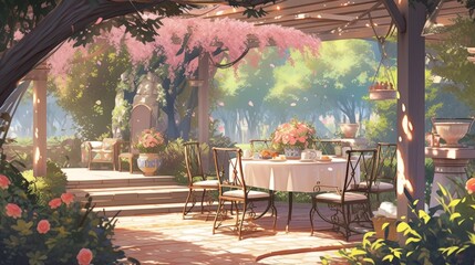 Romantic Garden Patio with Table and Chairs